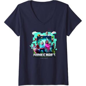 imageWomens A Minecraft Movie Adventure Gang Main Characters Group Shot VNeck TShirtNavy Blue