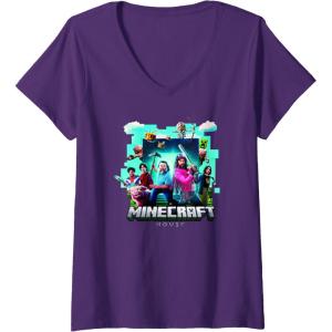 imageWomens A Minecraft Movie Adventure Gang Main Characters Group Shot VNeck TShirtPurple