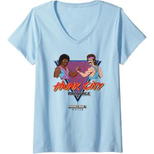 imageWomens A Minecraft Movie Hunk City Rampage Colorful 90s Logo VNeck TShirtBaby Blue