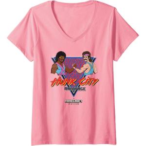 imageWomens A Minecraft Movie Hunk City Rampage Colorful 90s Logo VNeck TShirtPink